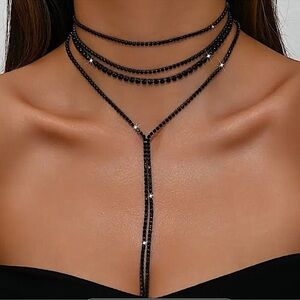 Black Crystal Y Lariat Choker Rhinestone Drop Tassel Necklace New Years
